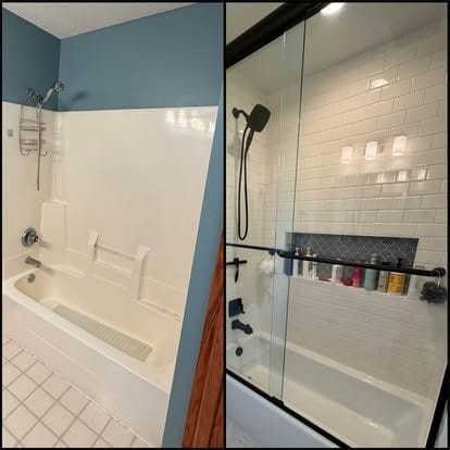 Before and after of a tub alcove: old tub with blue walls on the left; white subway-tile tub-shower with a glass door and black fixtures on the right